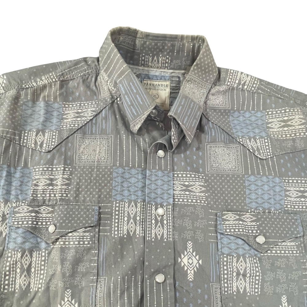 Panhandle Rough Stock Mens XL Grey Blue Geometric Tribal Snap Shirt Cotton